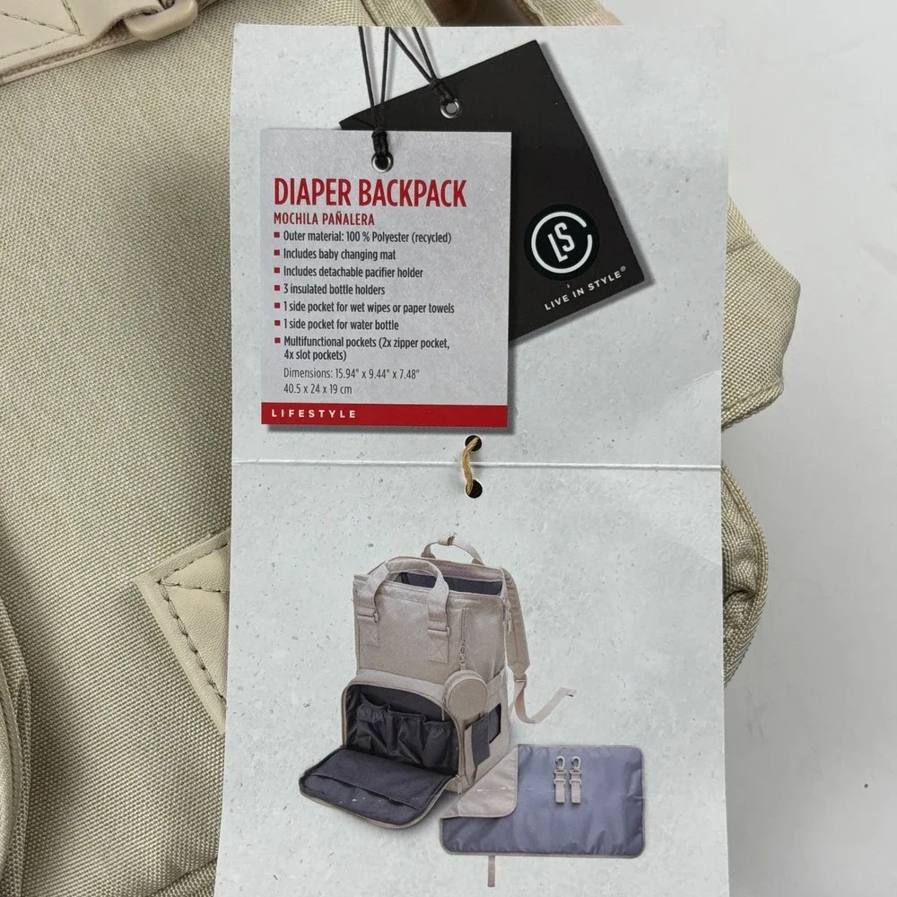 Live In Style Diaper Backpack Unisex‎ Tan NEW Recycled Polyester Multi Pocket